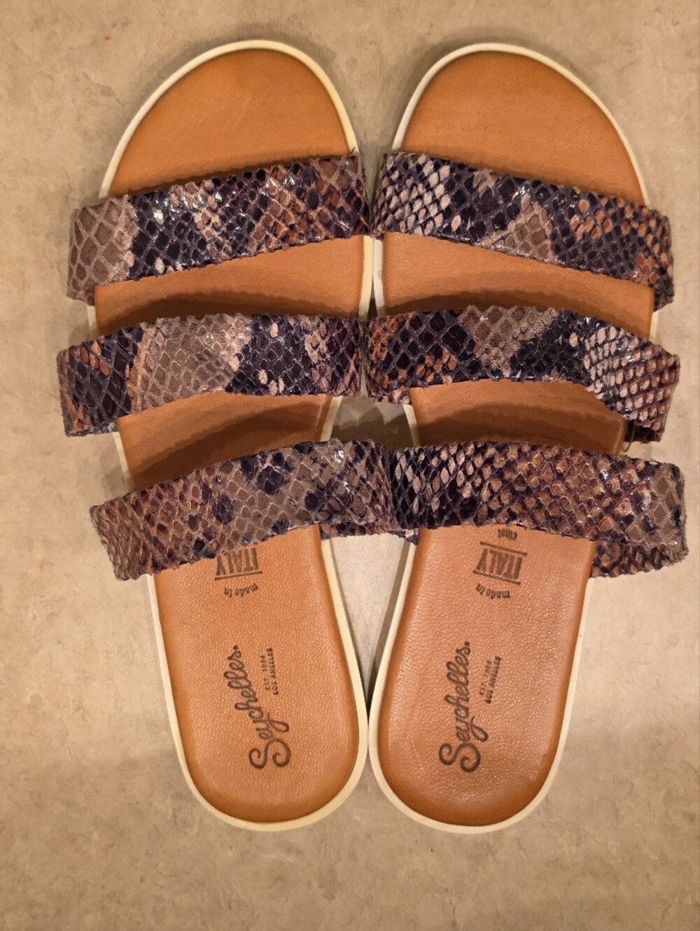 NWOT Seychelles Triple-Strap Snake-Print Slide Sandals in Brown and Black